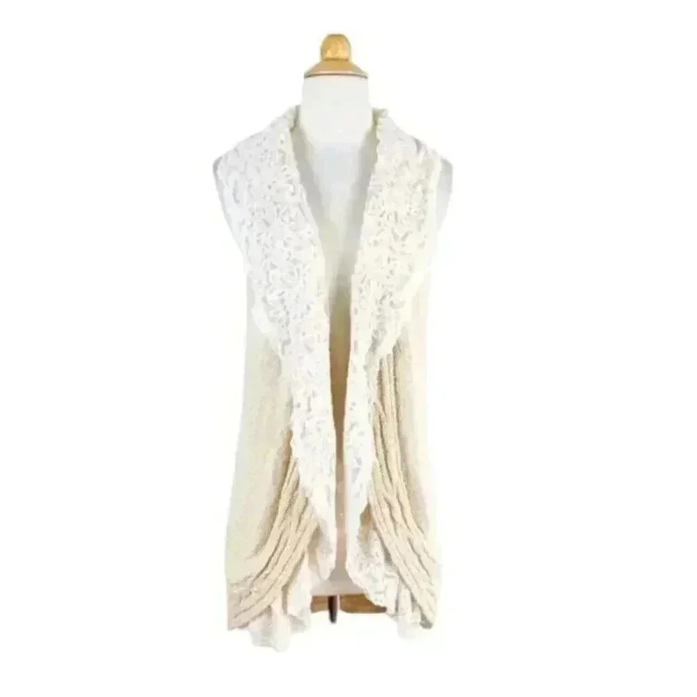 Anthropologie Knitted & Knitted Cream Open Front Cardigan lace Trim Size XS